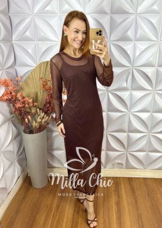 Vestido Boho Rosana Em Tule - Marrom - Milla Chic