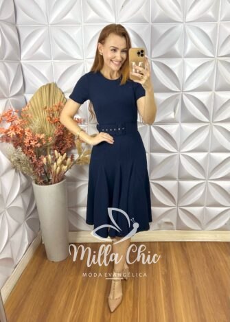Vestido Cloe Em Anaruga Midi - Azul Marinho - Milla Chic
