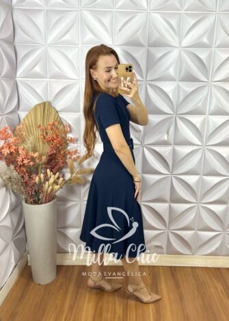 Vestido Cloe Em Anaruga Midi - Azul Marinho - Milla Chic
