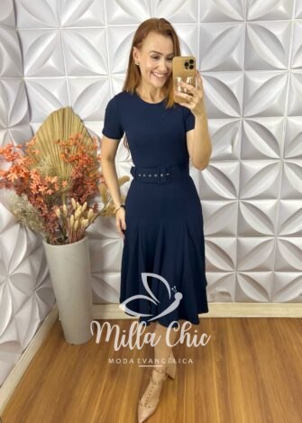 Vestido Cloe Em Anaruga Midi - Azul Marinho - Milla Chic