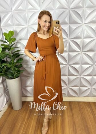 Milla Chic - millachic com br vestido georgia viscolinho estampado terracota 3 Vestido Geórgia Viscolinho Estampado - Marrom Claro - Milla Chic