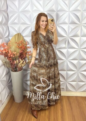 Vestido Longo Leona Em Chiffon - Animal Print - Milla Chic