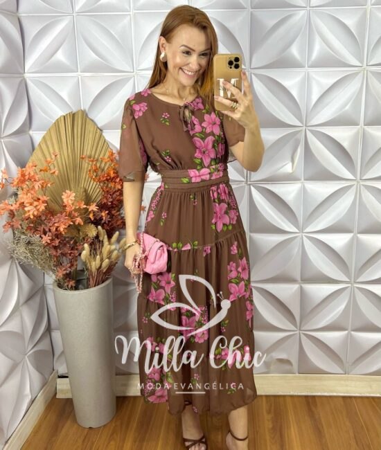Vestido Ninive Em Chiffon - Marrom - Milla Chic
