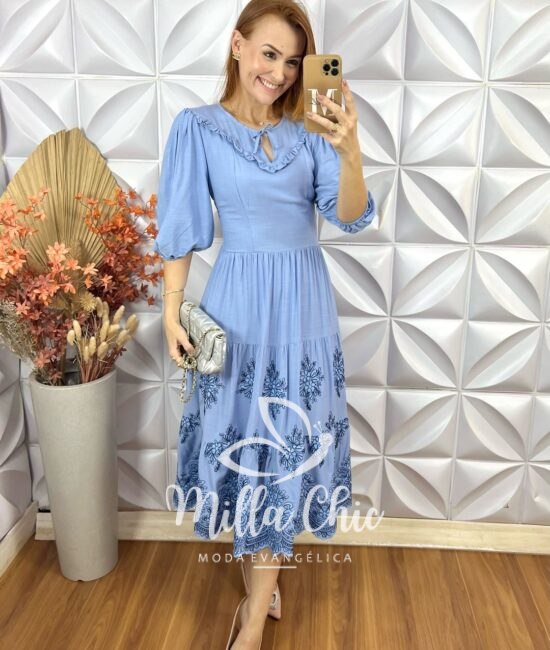 Vestido Rebeca  Bordado- Azul - Milla Chic