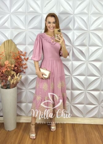 Vestido Rebeca  Bordado- Rosa - Milla Chic