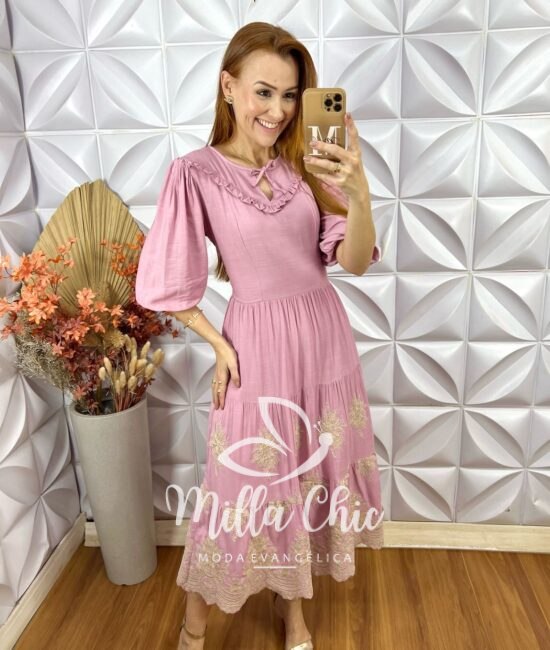 Vestido Rebeca  Bordado- Rosa - Milla Chic