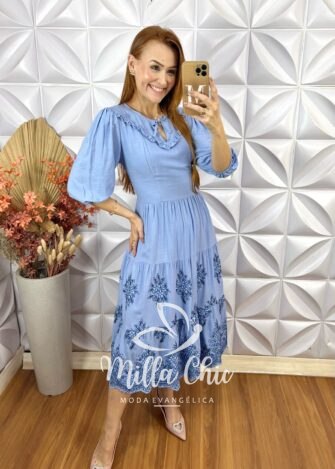 Vestido Rebeca  Bordado- Azul - Milla Chic