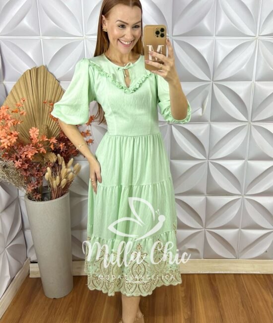Vestido Rebecca Em Rayon Bordado- Bege - Milla Chic