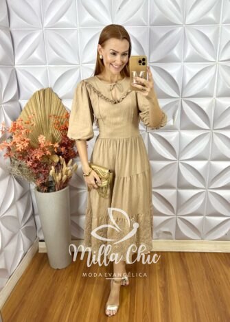Vestido Rebecca Em Rayon Bordado- Bege - Milla Chic