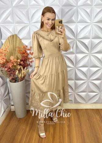 Vestido Rebecca Em Rayon Bordado- Bege - Milla Chic