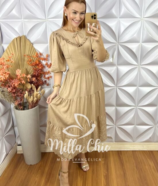 Vestido Rebecca Em Rayon Bordado- Bege - Milla Chic
