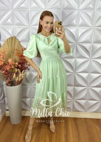 Vestido Rebecca Em Rayon Bordado- Bege - Milla Chic