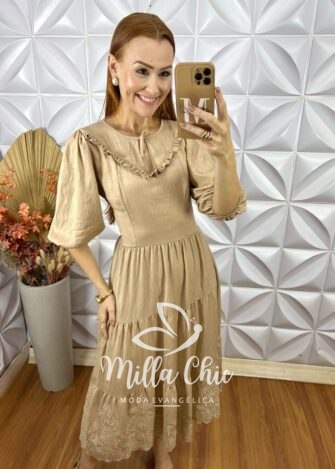 Vestido Rebecca Em Rayon Bordado- Bege - Milla Chic