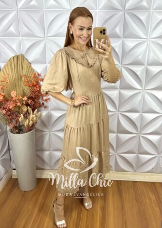 Vestido Rebecca Em Rayon Bordado- Bege - Milla Chic