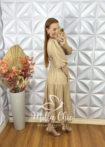 Vestido Rebecca Em Rayon Bordado- Bege - Milla Chic