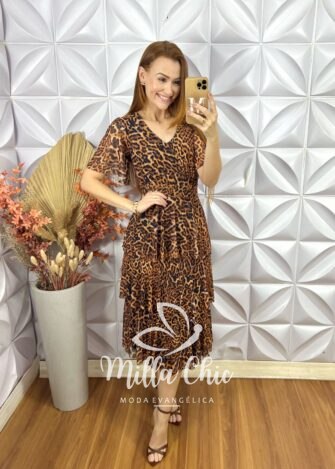 Vestido Suíça Em Animal Print - Marrom - Milla Chic