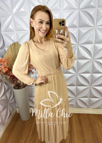 Vestido Verônica Em Tule Com Foil - Bege - Milla Chic