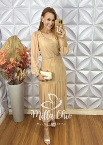 Vestido Verônica Em Tule Com Foil - Bege - Milla Chic