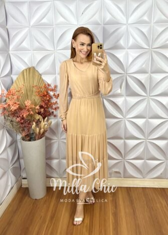 Vestido Verônica Em Tule Com Foil - Bege - Milla Chic