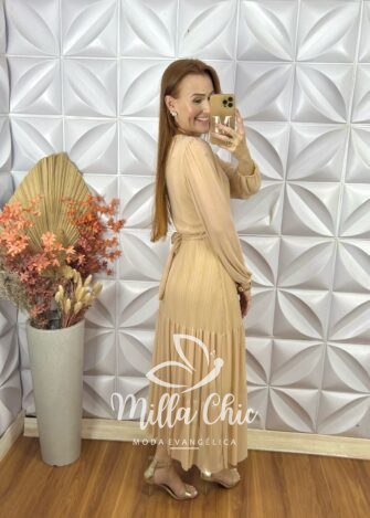 Vestido Verônica Em Tule Com Foil - Bege - Milla Chic