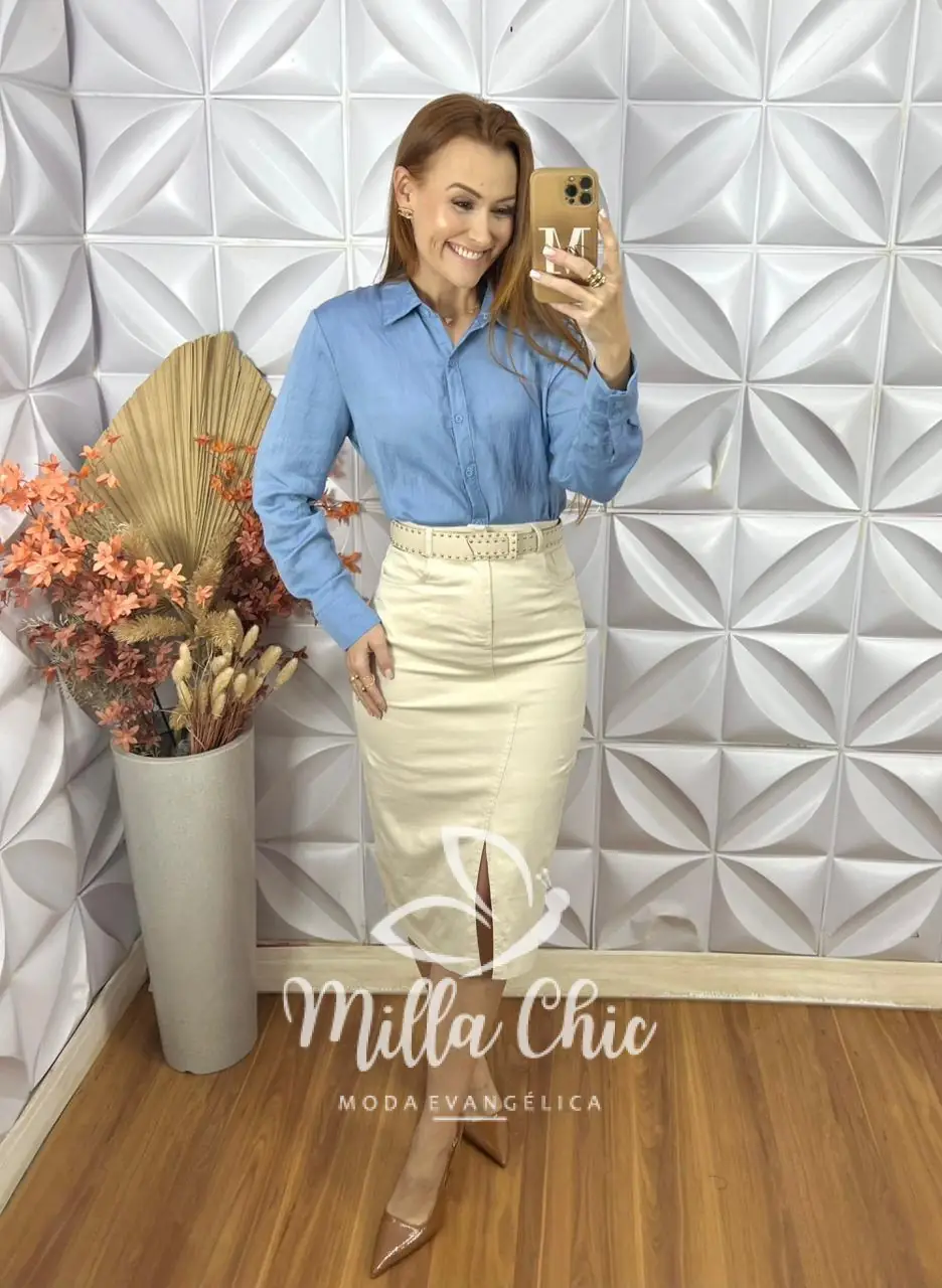 Camisa Nívea Em Viscose Acetinada – Azul – Milla Chic Camisa Nívea Em Viscose Acetinada - Azul - Milla Chic