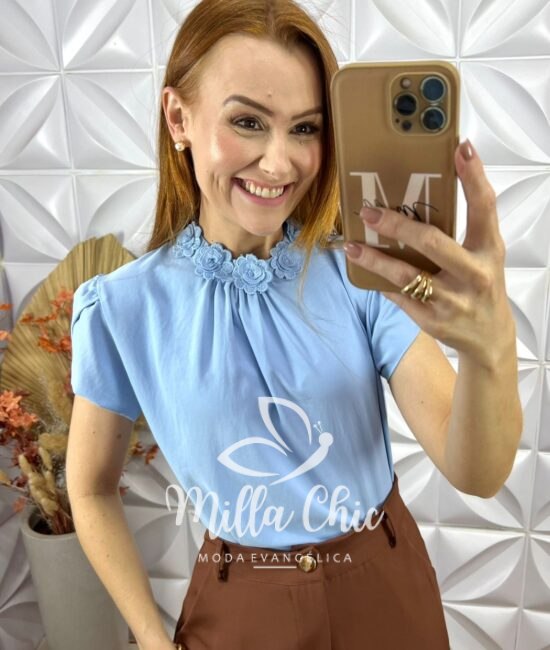 Blusa Agatha Com Bordada - Azul - Milla Chic
