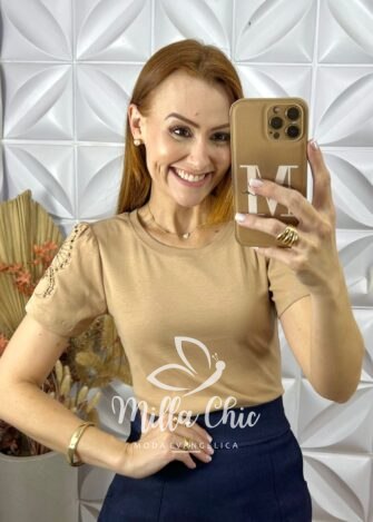 Blusa Joana Em Malha Bordada - Bege - Milla Chic