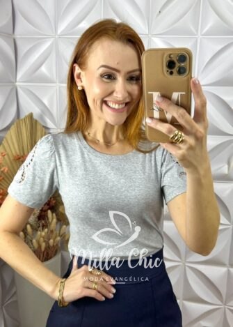 Blusa Joana Em Malha Bordada - Cinza - Milla Chic