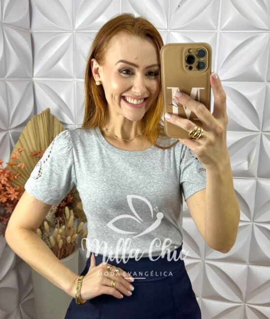 Blusa Joana Em Malha Bordada - Cinza - Milla Chic