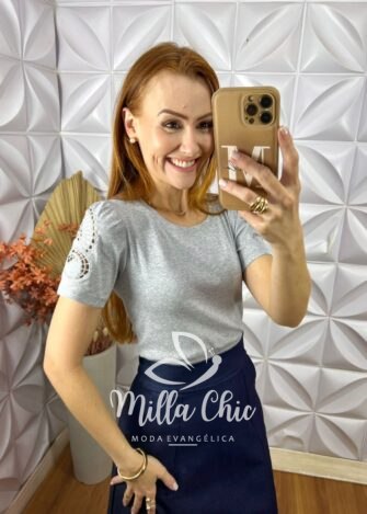 Blusa Joana Em Malha Bordada - Cinza - Milla Chic