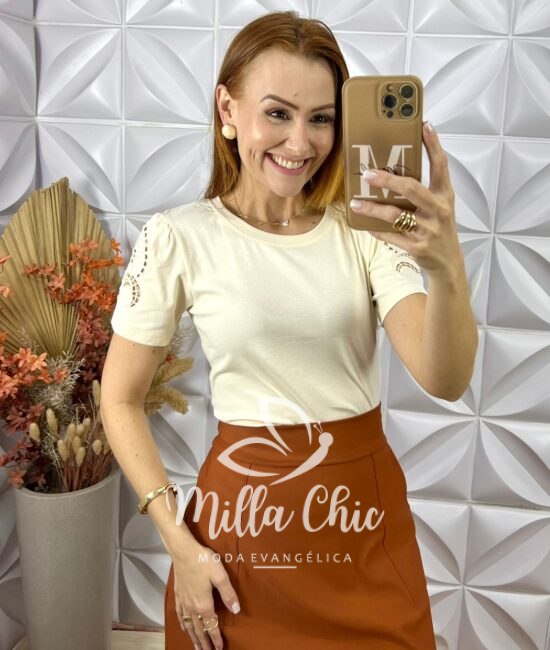 Blusa Joana Em Malha Bordada - Manteiga - Milla Chic