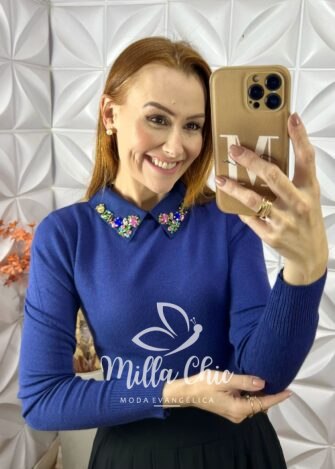 Milla Chic - millachic com br blusa sonia em tricot modal bordada azul 2 Blusa Sônia Em Tricot Modal Bordada - Azul - Milla Chic