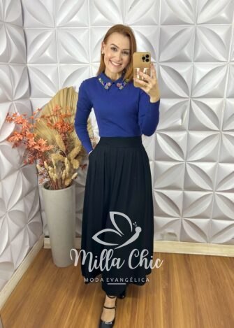 Milla Chic - millachic com br blusa sonia em tricot modal bordada azul 3 Blusa Sônia Em Tricot Modal Bordada - Azul - Milla Chic