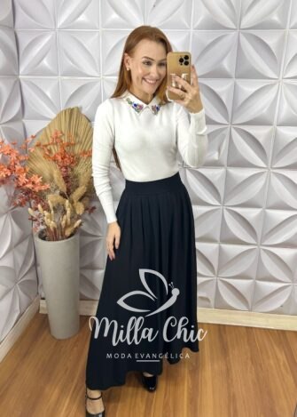 Blusa Sônia Em Tricot Modal Bordada - Branco - Milla Chic