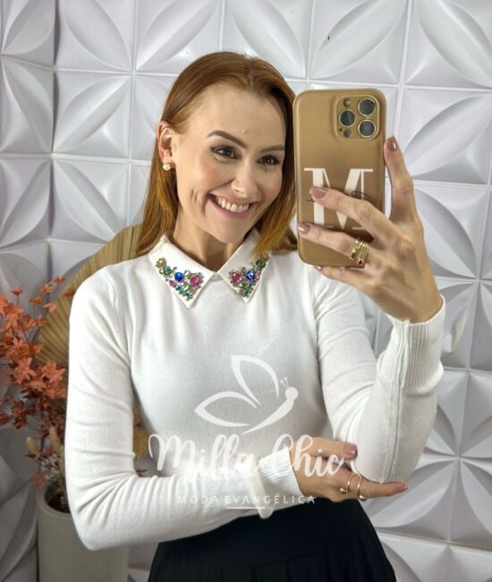 Blusa Sônia Em Tricot Modal Bordada - Branco - Milla Chic