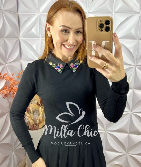 Blusa Sônia Em Tricot Modal Bordada - Preto - Milla Chic