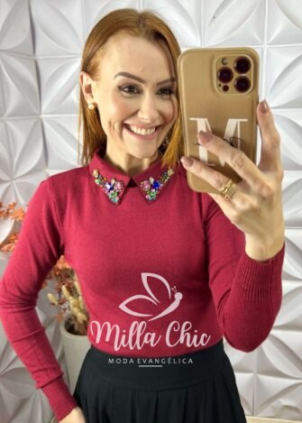 Blusa Sônia Em Tricot Modal Bordada - Preto - Milla Chic