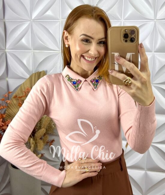 Blusa Sônia Em Tricot Modal Bordada -Rosa - Milla Chic