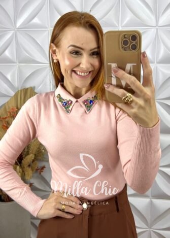 Milla Chic - millachic com br blusa sonia em tricot modal bordada rosa 2 Blusa Sônia Em Tricot Modal Bordada -Rosa - Milla Chic