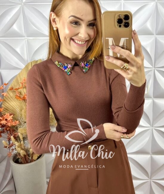Blusa Sônia Em Tricot Modal Bordada -Rosa - Milla Chic