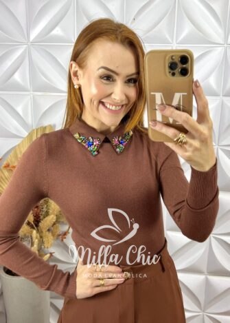 Blusa Sônia Em Tricot Modal Bordada -Rosa - Milla Chic