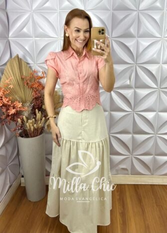 Camisa Betina Em Lesie Algodão Bordado - Rosa - Milla Chic