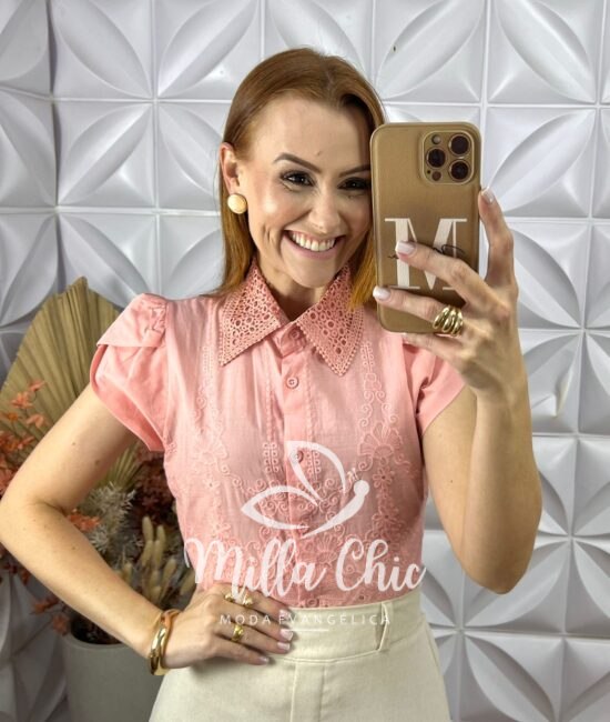 Camisa Betina Em Lesie Algodão Bordado - Rosa - Milla Chic