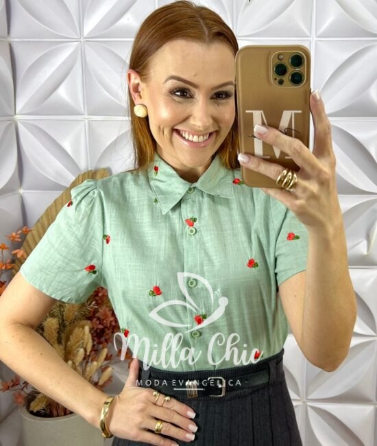 Camisa Cerejinha Manga Curta Em Linho - Verde - Milla Chic