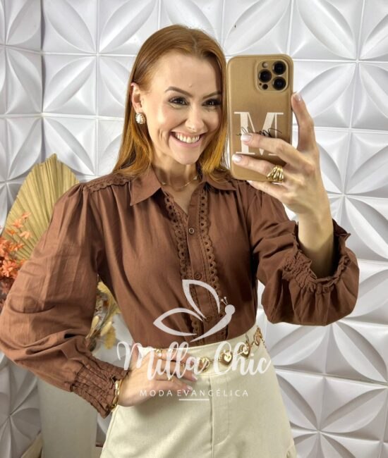 Camisa Germânia Em Linho De Algodão- Marrom - Milla Chic
