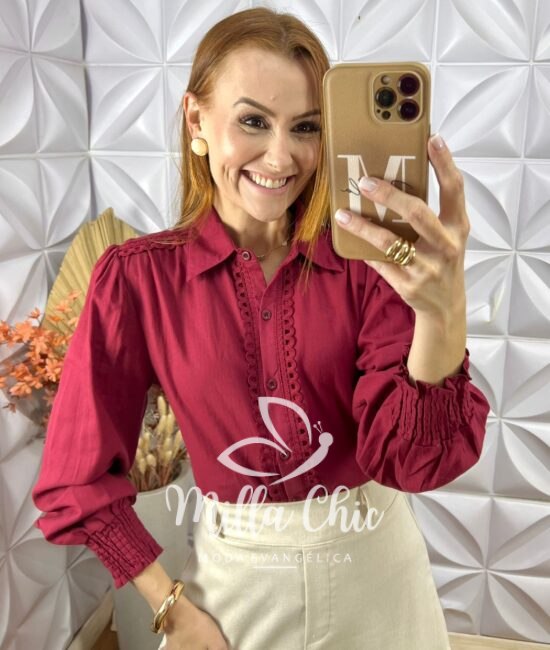 Camisa Germânia Em Linho De Algodão- Vermelho - Milla Chic