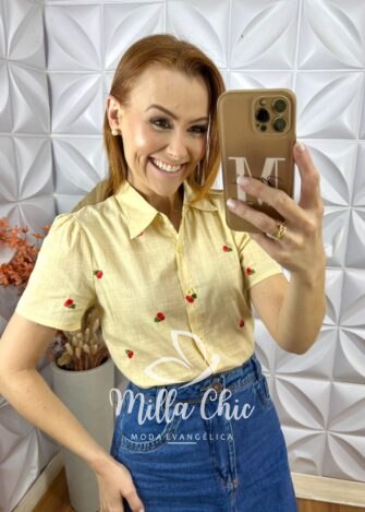 Camisa Cerejinha Manga Curta Em Linho - Caramelo - Milla Chic