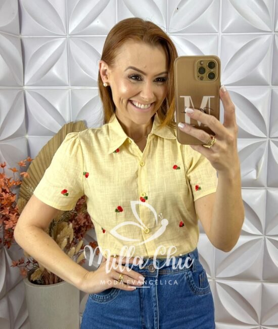 Camisa Cerejinha Manga Curta Em Linho - Caramelo - Milla Chic