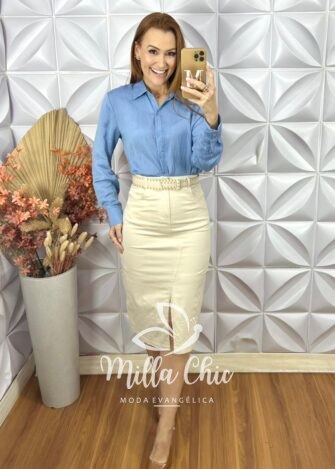 Camisa Nívea Em Viscose Acetinada - Azul - Milla Chic