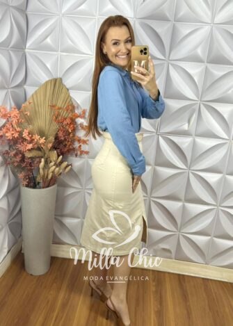 Camisa Nívea Em Viscose Acetinada - Azul - Milla Chic